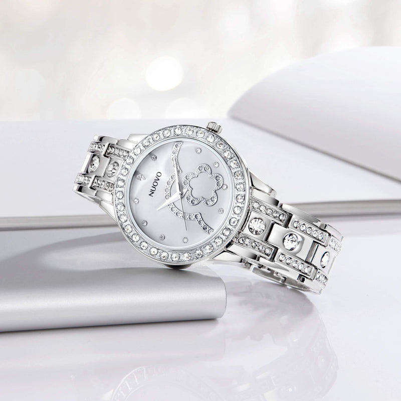 [Australia] - NUOVO Women’s Watches Silver Diamond Crystals Bezels Stainless Steel Bracelet Quartz Analogue Fashion Watches 