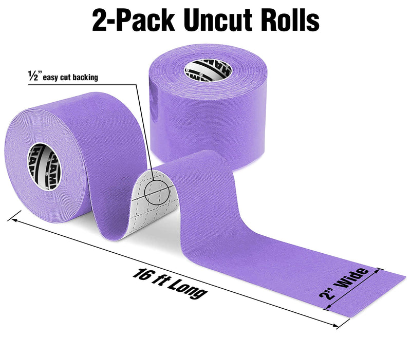 [Australia] - Hampton Adams (2 Pack) Kinesiology Tape for Physical Therapy Sports Athletes – Latex Free Elastic, 16ft Water Resistant Kinetic Uncut Kinesiology Tape for Knee Pain, Elbow & Shoulder Muscle - Purple 2 Count (Pack of 1) 