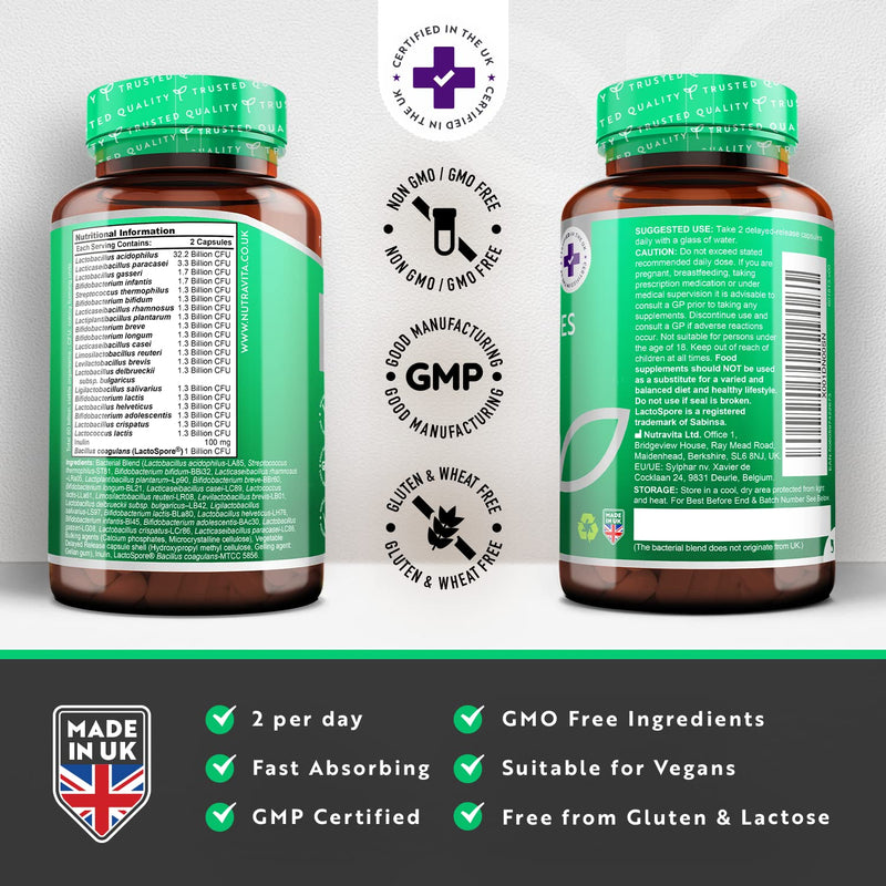 [Australia] - 60 Billion CFU Pro Bio Cultures Complex - Vegan Multi-Strain Live Digestive Enzyme Supplement for Men & Women - Super Strength Bacterial Cultures - 60 Capsules - Made in The UK - Nutravita 