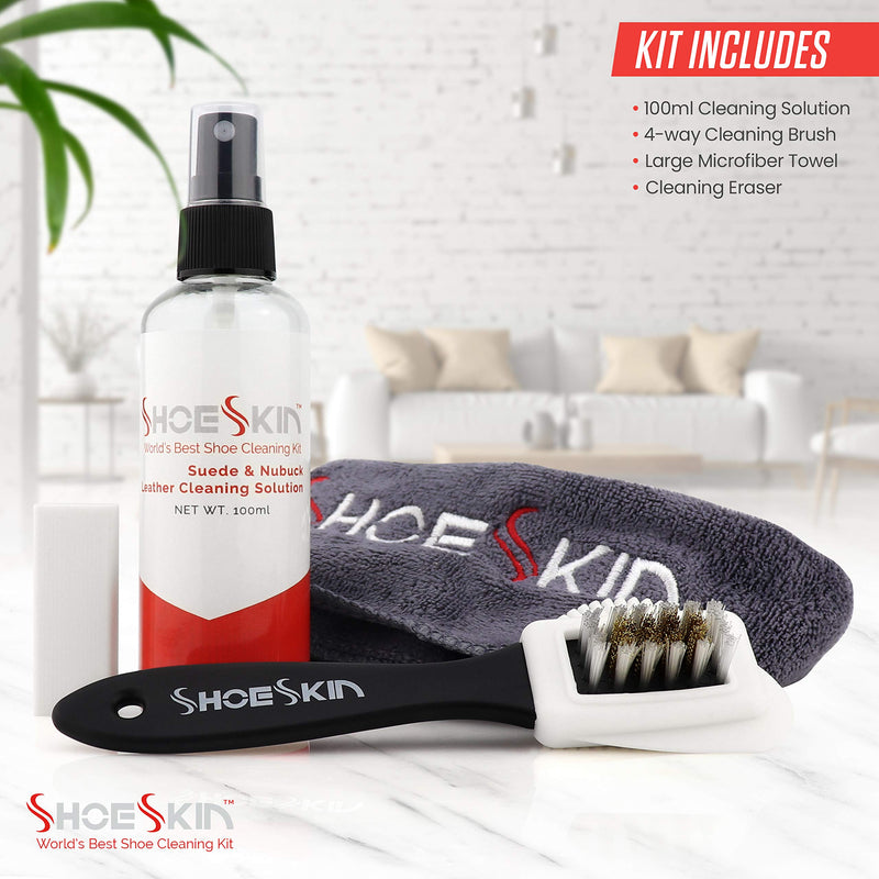[Australia] - ShoeSkin Shoe Cleaner Kit - Works for Suede and Nubuck Leather Dress Shoes, Includes Non-Abrasive Brush, Microfiber Towel, Magic Cleaning Eraser, and Natural Cleaning Solution 