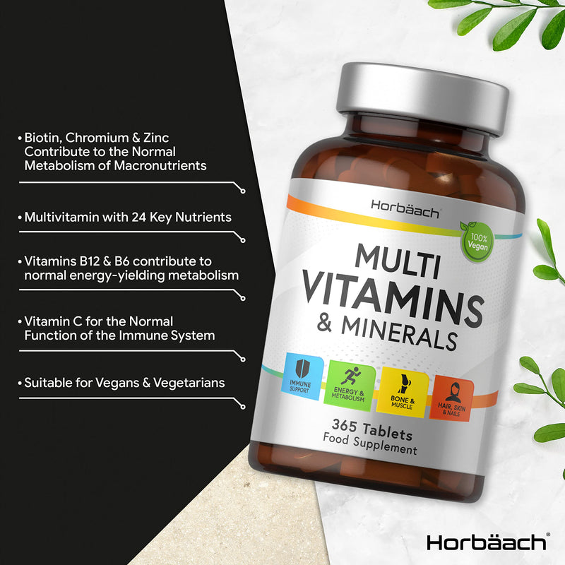 [Australia] - Multivitamins and Minerals | 365 Vegan Tablets | for Men & Women | Complete Complex of 24 Essential Nutrients | Including Vitamin D, B12, Zinc & Iron | by Horbaach 