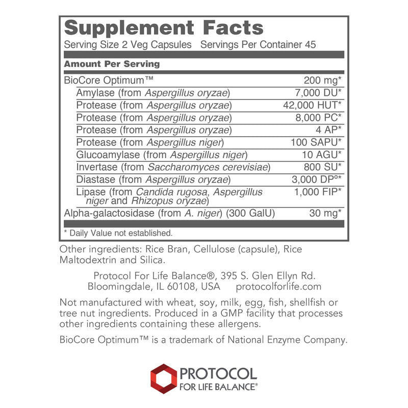 [Australia] - Protocol BioCore Enhanced Enzymes - Digestive Enzymes - Maximum Food Utilization - 90 Veg Caps 