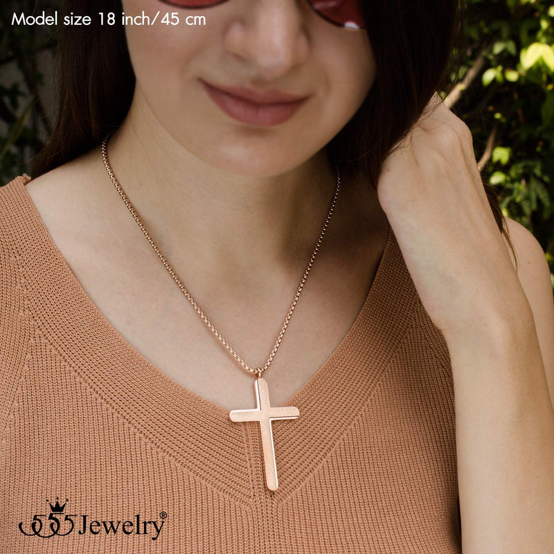 [Australia] - 555Jewelry Cross Necklace for Men Women Brushed Stainless Steel Pendant, 18-24" Chain Rose Gold 18.0 Inches 