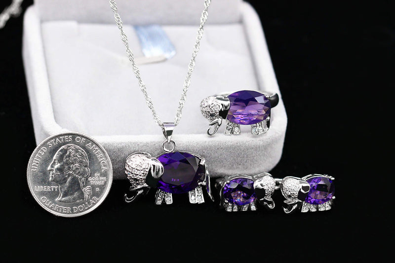 [Australia] - Uloveido Good Luck Big Elephant Shape Crystal Drop Pendant Necklace, Earrings and Rings Wedding Jewelry Set for Bridal Women Birthday Anniversary T485 Purple 8 