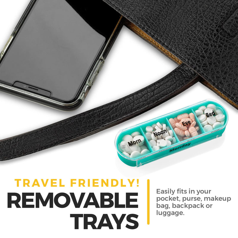 [Australia] - Weekly Pill Organizer, 1 Dispenser, 7 Stackable Compartments Four Times-a-Day - Morning, Noon, Evening, and Bedtime, Black 