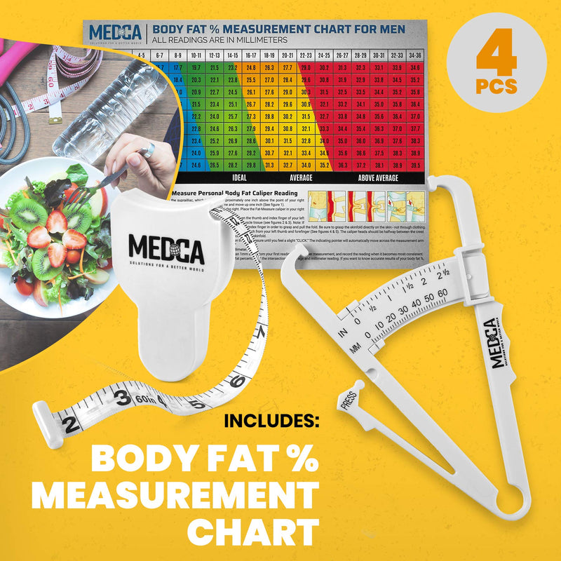 [Australia] - Body Tape Measure and Skinfold Caliper for Body - 4 Piece Set - Skin Fold Body Fat Analyzer and BMI Measurement Tool, White 