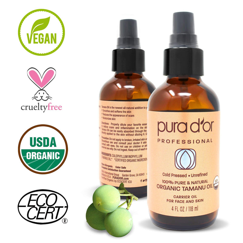 [Australia] - PURA D’OR Tamanu Oil (4oz / 118mL) USDA Organic Certified 100% Pure Natural Hexane Free Premium Grade Moisturizer - Helps Reduce Appearance of Scars from Psoriasis, Eczema & Acne (Packaging may vary) 