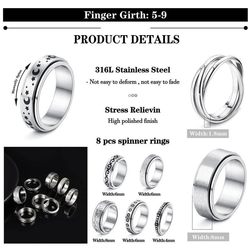 [Australia] - HAIAISO 8 Pcs Spinner Fidget Ring for Women Men Stainless Steel Sand Blast Finish Band Rings Moon Sun Star Celtic Stress Relieving Wedding Promise Rings(Size 5-11) 