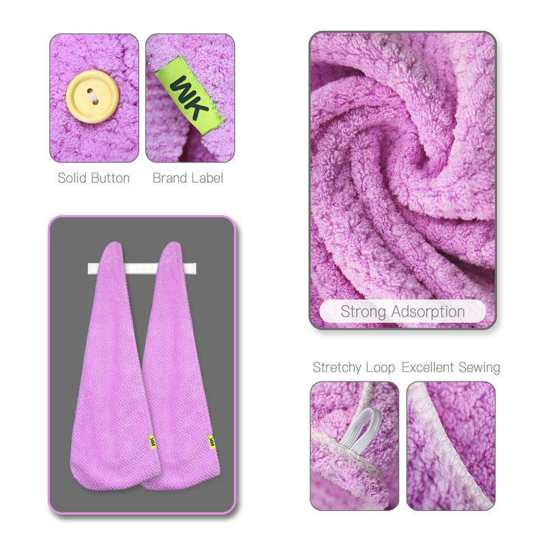 [Australia] - WK Hair Towel Wrap Fast Drying Hair Turban, Anti-Frizz Microfiber Wet Hair Wrap Towel for Women, Super Absorbent Hair Dry Towels Cap for Bath, 2 Pieces 25 x 10 Inch Box (Purple) Purple 