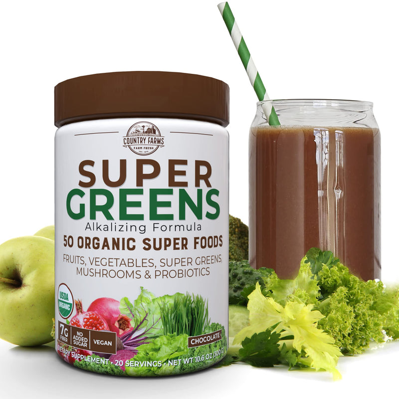 [Australia] - Country Farms Super Greens Flavor, 50 Organic Super Foods, USDA Organic Drink Mix, 20 Servings (Packaging May Vary), (N9880) Chocolate, 10.6 Oz 