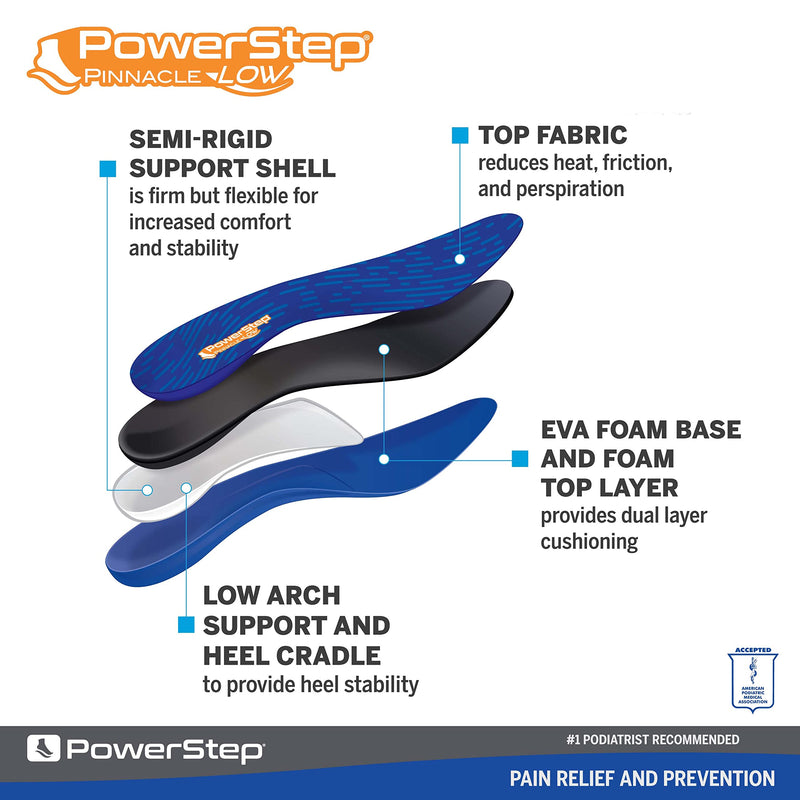 [Australia] - Powerstep Insoles, Pinnacle Low Arch, Flat Feet Pain Relief Insole, Low Arch Support Orthotic For Women and Men Men's 9-9.5 / Women's 11-11.5 Blue and Orange 