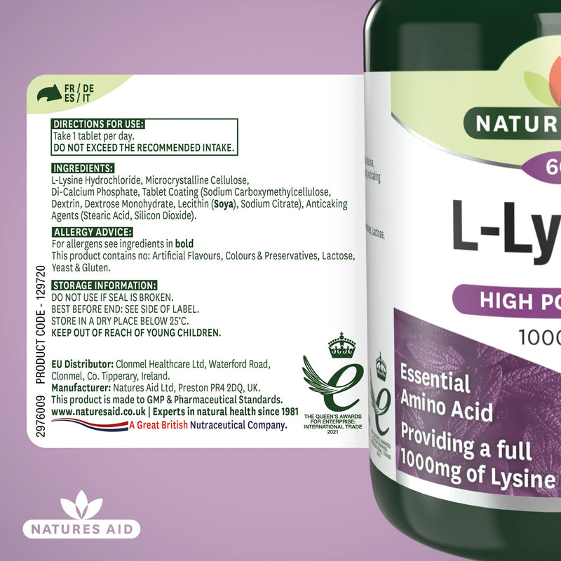 [Australia] - Natures Aid L-Lysine 1000 mg, High Potency Essential Amino Acid, Vegan, 60 Tablets 