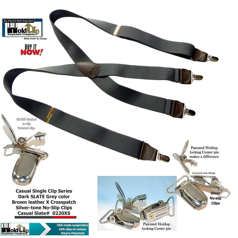 [Australia] - USA Made Slate Gray HoldUp brand X-back Suspenders with No-slip Silver-tone Clips 