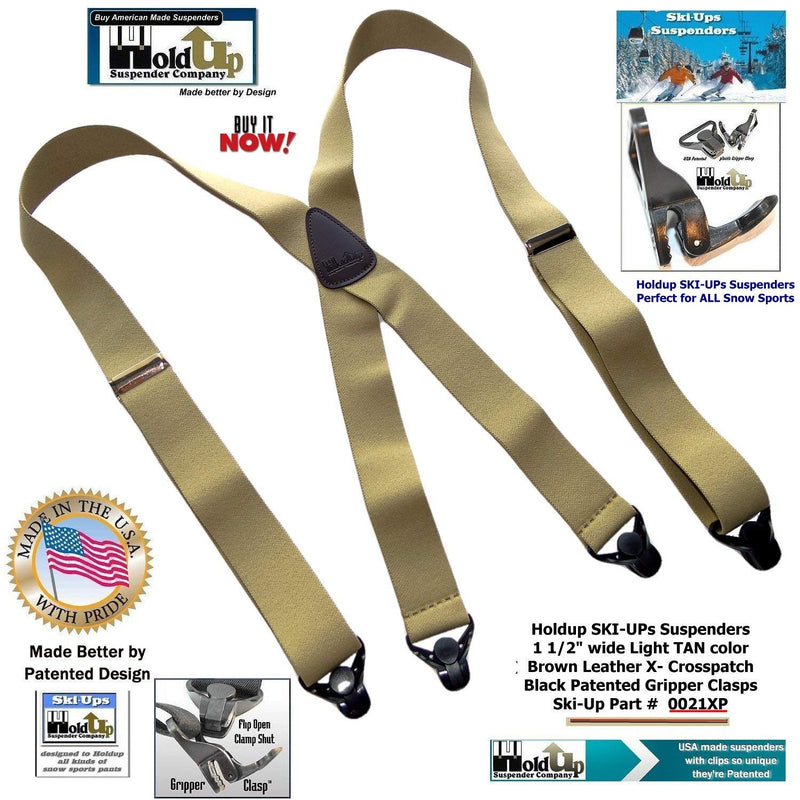 [Australia] - Holdup Brand Light Tan Snow Ski Suspenders in 1 1/2" width and X-back style with black Patented Gripper Clasp 