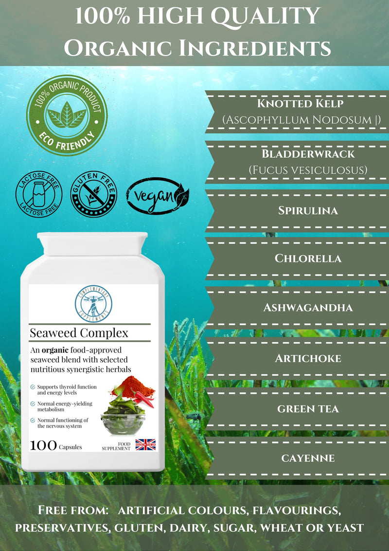 [Australia] - Complementary Supplements - Organic Seaweed Complex - Herbal Thyroid Health Support - Fucus Vesiculosus Bladderwrack, Kelp, Spirulina, Chlorella, Ashwagandha | 100 Capsules 