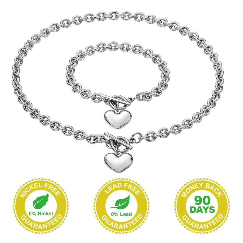 [Australia] - W/W Lifetime Heart Chain Necklace + Heart Bracelet for Women Girls Love Charm Toggle Chain Jewelry Set Stainless Steel 18K Gold/Silver Valentines Gifts White 18" necklace+8" bracelet 