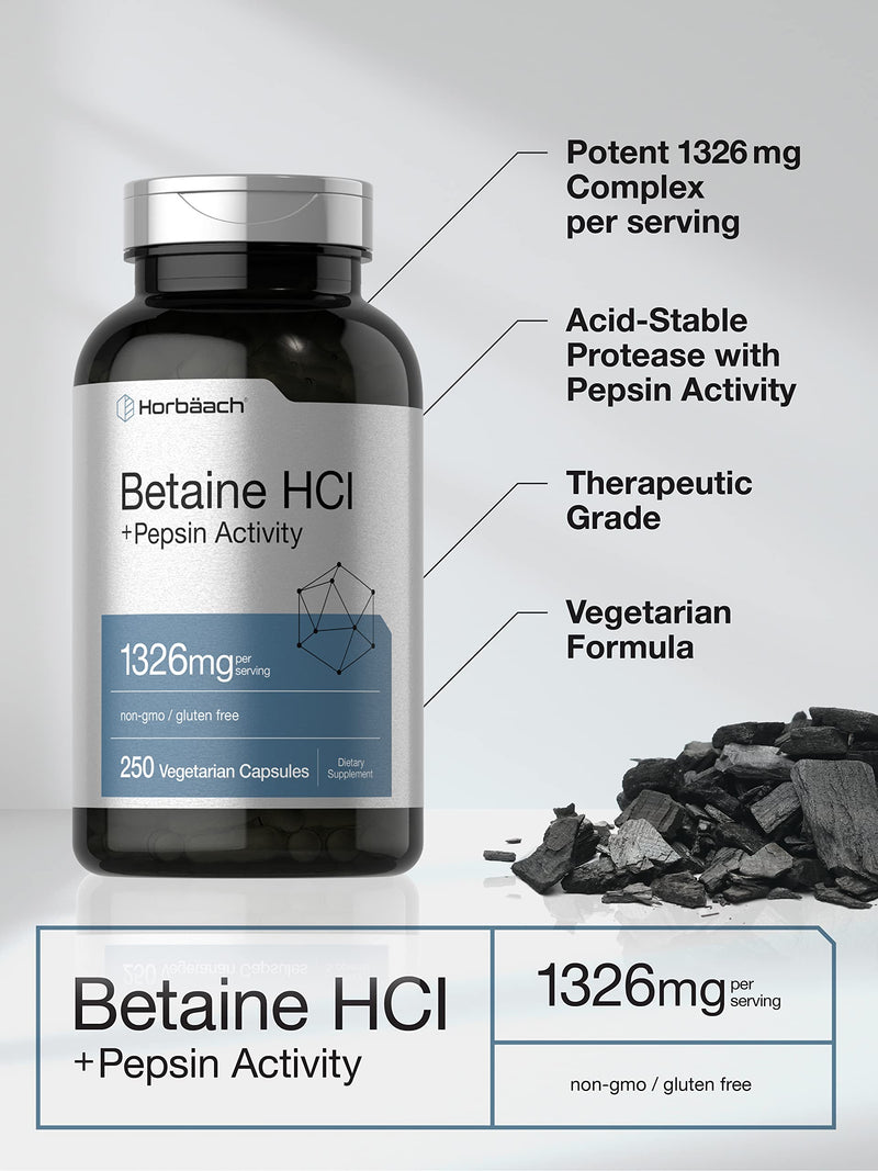 [Australia] - Betaine HCl with Pepsin | 1326mg | 250 Capsules | Betaine Hydrochloride Supplement | with Protease | Non-GMO, Gluten Free, Vegetarian | by Horbaach 