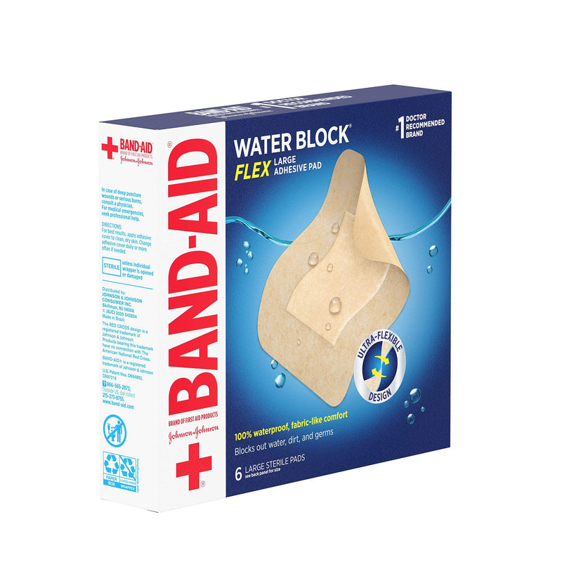 [Australia] - Band-Aid Brand Water Block Flex Large Adhesive Pads, 100% Waterproof Bandage Pads for First-Aid Wound Care of Minor Cuts, Scrapes & Wounds, Ultra-Flexible Design, Sterile, Large, 6 ct 