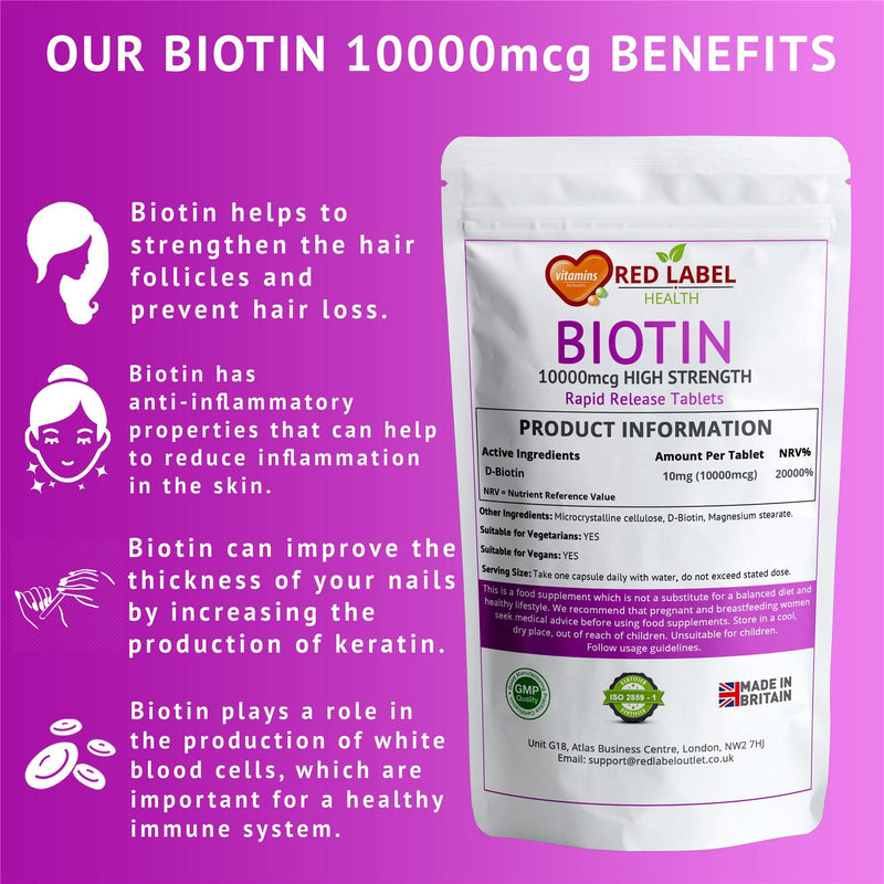[Australia] - Biotin 10,000mcg - 30 Tablets (1 Month Supply) - Hair Growth Supplement, Skin, Nails for Men & Women | Vegetarian | Vegan | Made in UK. 1 count (Pack of 30) 