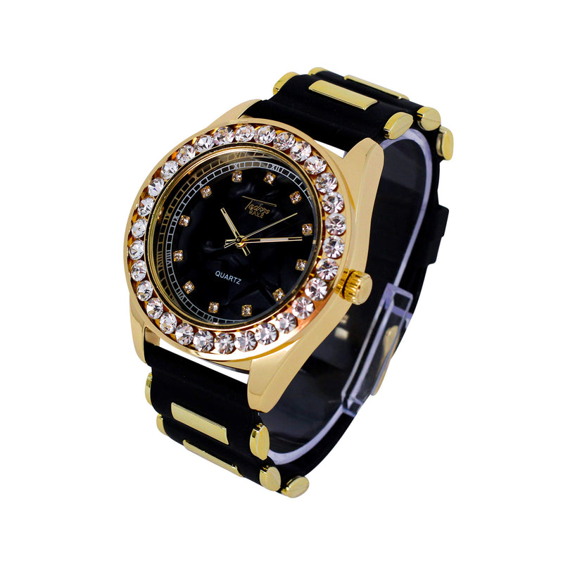 [Australia] - Mens Hip Hop Iced Out Silicone Band Watch with Marble Dial and Solitaire Bezel and Unique Time Indicators - Silicone Band Breathable Strap with Adjustable Holes GOLD / BLACK 