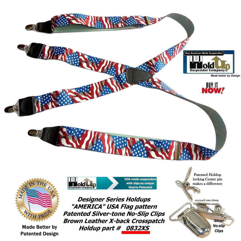 [Australia] - Holdup USA Flag Pattern Designer series X-back suspenders in 1 1/2" width and patented No-slip Silver-tone Clips 