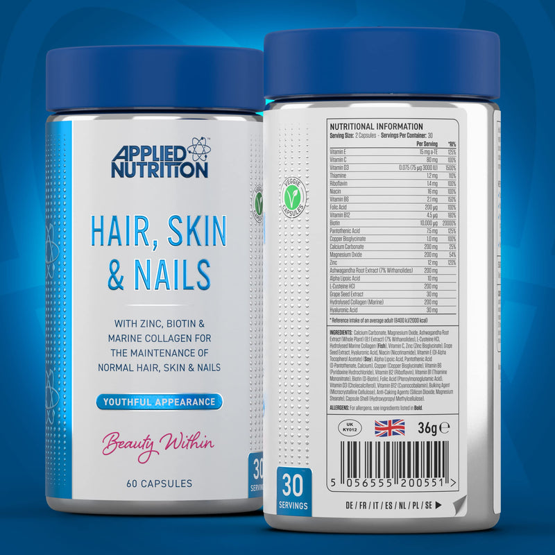 [Australia] - Applied Nutrition Hair, Skin, Nails - Biotin & Marine Collagen for Healthy Hair Growth, Skin & Nails Supplement with 10000 mcg Biotin (60 Capsules - 30 Servings) 