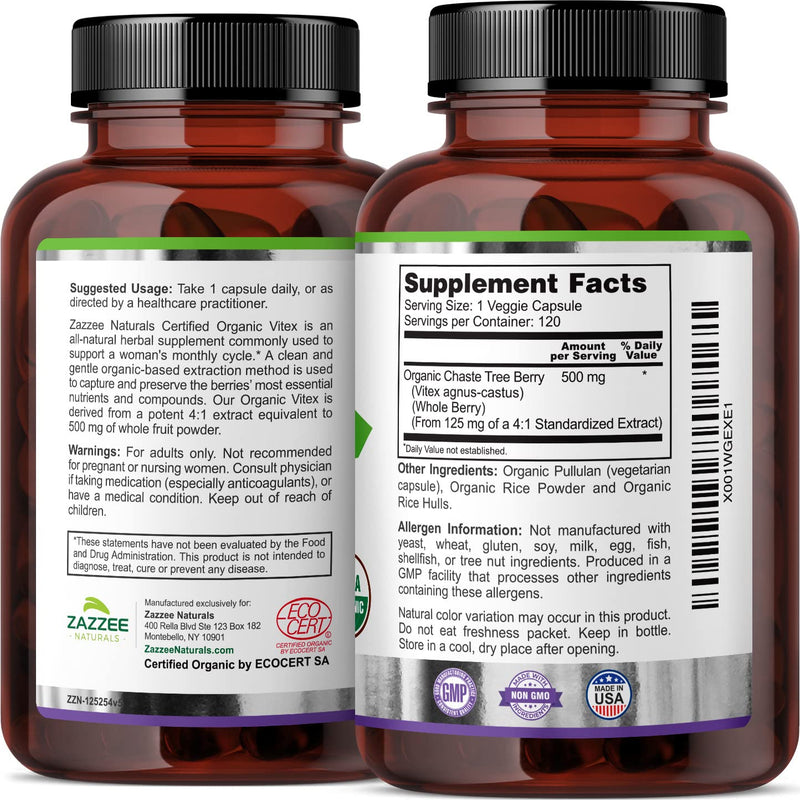 [Australia] - Zazzee USDA Organic Vitex, 500 mg Strength, 120 Vegan Capsules, USDA Certified Organic, Potent 4:1 Extract, Made from Whole Organic Chaste Berry, Vegan, All-Natural and Non-GMO 