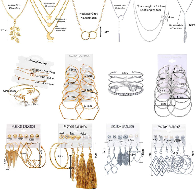 [Australia] - 51 PCS Gold Silver Jewelry Set with 6 PCS Necklace,9 PCS Bracelet,36 PCS Layered Ball Dangle Hoop Stud Earrings for Women Jewelry Fashion and Valentine Birthday Party Gift 