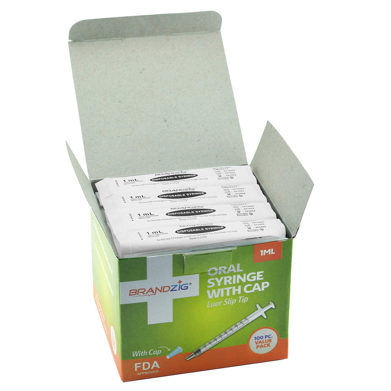[Australia] - 1ml Syringe with Cap (100 Pack) | Oral Dispenser Without Needle, Luer Slip Tip, | Individually Wrapped Medicine Dropper for Infants & Pets 