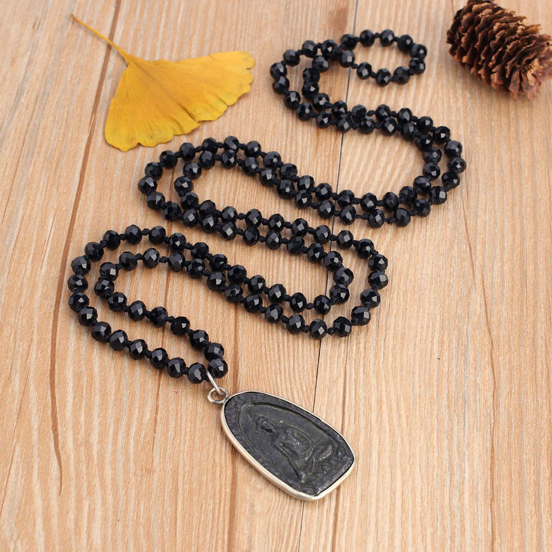 [Australia] - C·QUAN CHI Handmade Crystal Beaded Necklace Women Long Buddha Pendant Necklace Statement Strand Necklace Gifts Jewelry for Women Gifts for Girls Black 