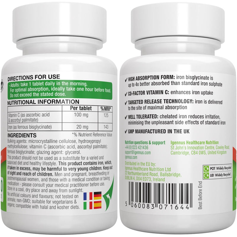 [Australia] - High Absorption Chelated Iron Bisglycinate 20mg with Vitamin C, Gentle Formula, Clean Label & Targeted Release, One Daily, Vegan, 180 Tablets, by Igennus 