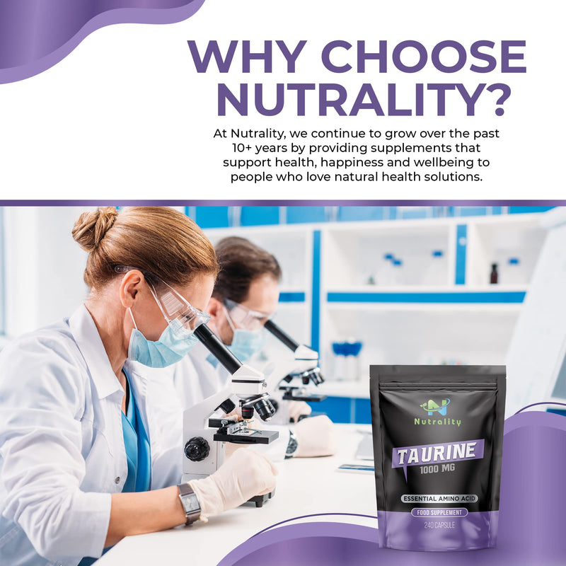 [Australia] - Nutrality Taurine Supplement 1000mg 240 Capsules-High Strength Energy and Endurance-Amino Acid Supplement for Overall Health- Sports Performance - Sleep Improvement-Suitable for Vegan, Vegetarians 