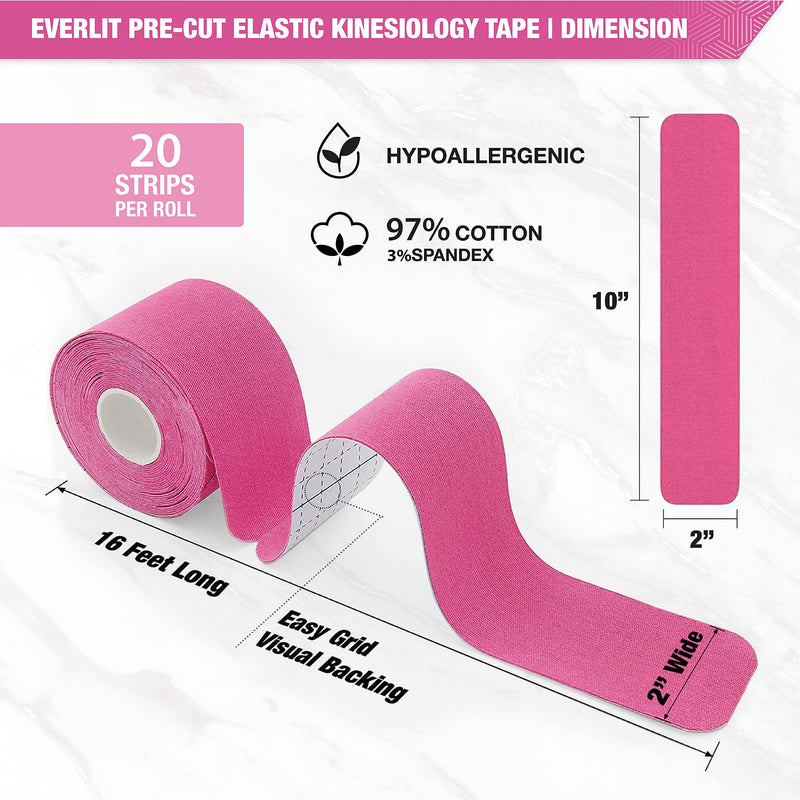 [Australia] - EVERLIT [Single] Pre-Cut Elastic Cotton Kinesiology Therapeutic Athletic Sports Tape, for Pain Relief and Support, 20 Precut 10” Strips (Pink) Pink 