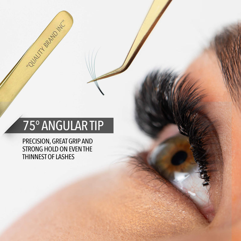 [Australia] - Quality Brand Inc Set Precision Eyelash Extension Tweezers, Gold Russian 75° Angular Tip, and Slant Tip Tweezers for Eyebrow Stainless Steel for Professional Use 