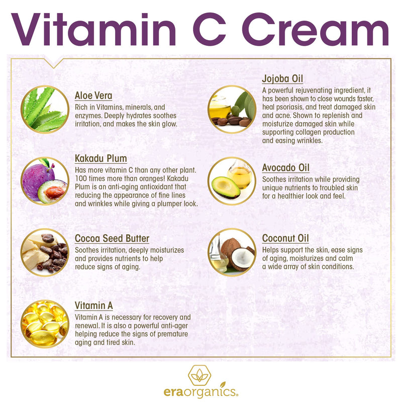 [Australia] - Era Organics Vitamin C Face Cream - Super Revitalizing Hyaluronic Acid Vitamin C Moisturizer For Face & Neck, Face Brightening Cream With Kakadu Plum, Jojoba Oil, Vitamin E For Wrinkles, Fine Lines 