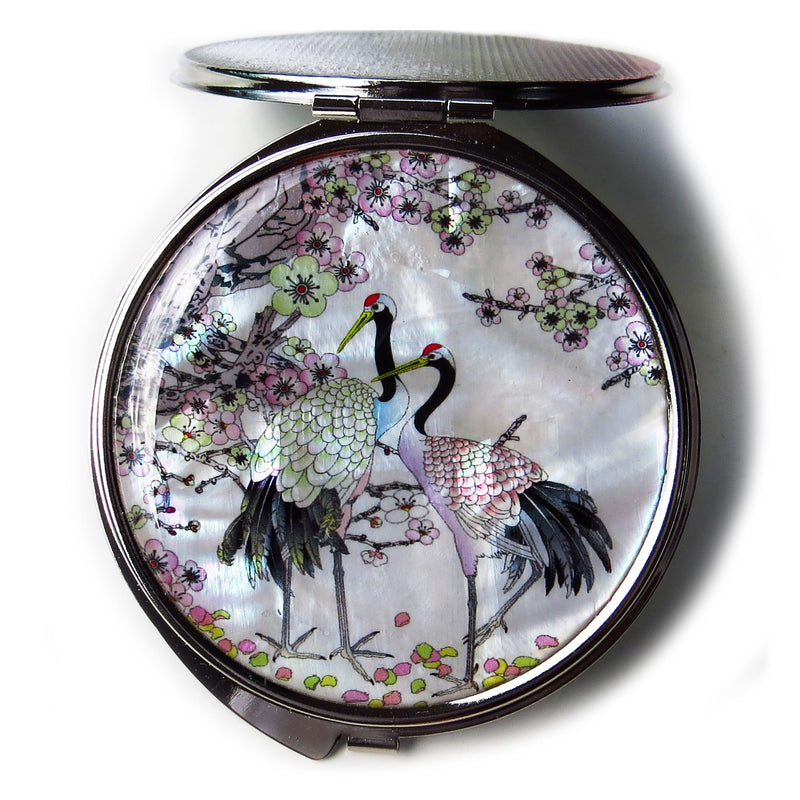 [Australia] - MADDesign Mother of Pearl Compact Mirror Round Double Sided Folding Magnify Crane Apricot Tree Design 