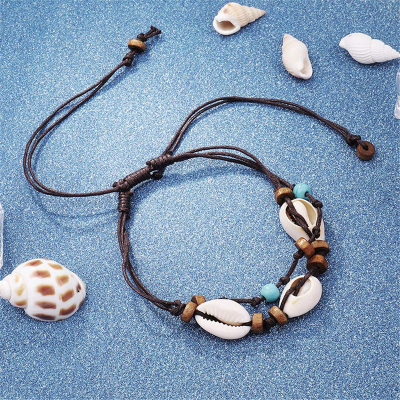 [Australia] - Puka Shell Turquoise Anklet for Women Summer Natural Cowrie Bead Layers Adjustable Ankle Bracelet Handmade Boho Hawaiian Beach Seashell Jewelry for Girls (Seashell) 