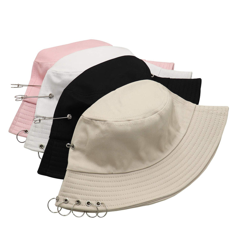 [Australia] - Umeepar Five Ring &Safety Pin Decor 100% Cotton Bucket Hat Packable Beach Sun Hat for Womens Men Black 