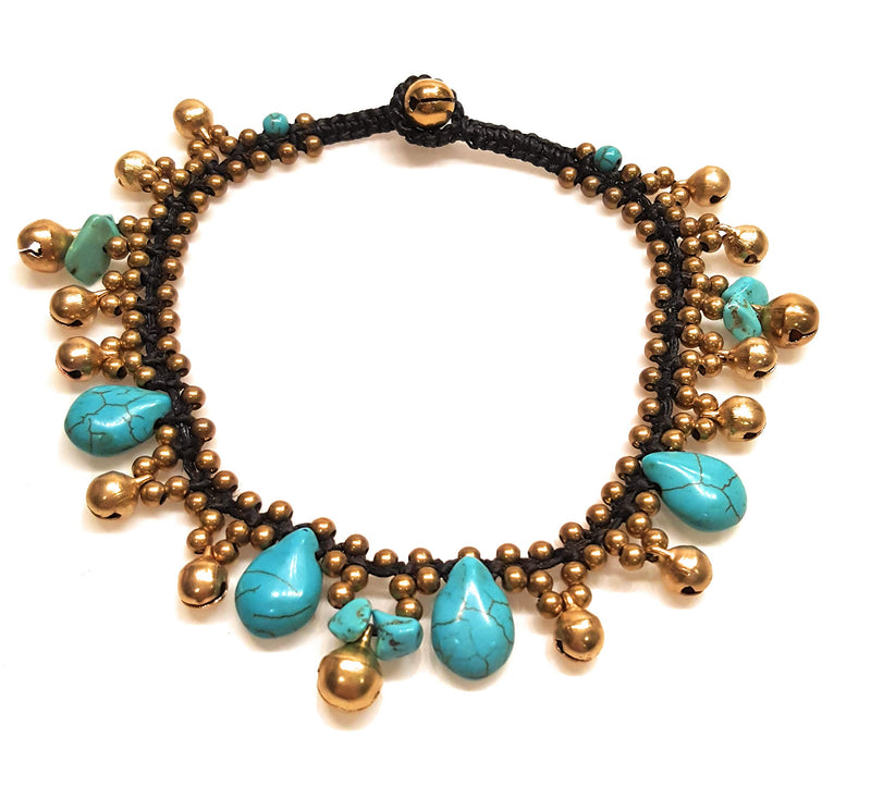 [Australia] - Infinityee888 Turquoise Anklet Drop Handmade Brass Bead Bell Ankle Bracelet for Women KAN-T01 