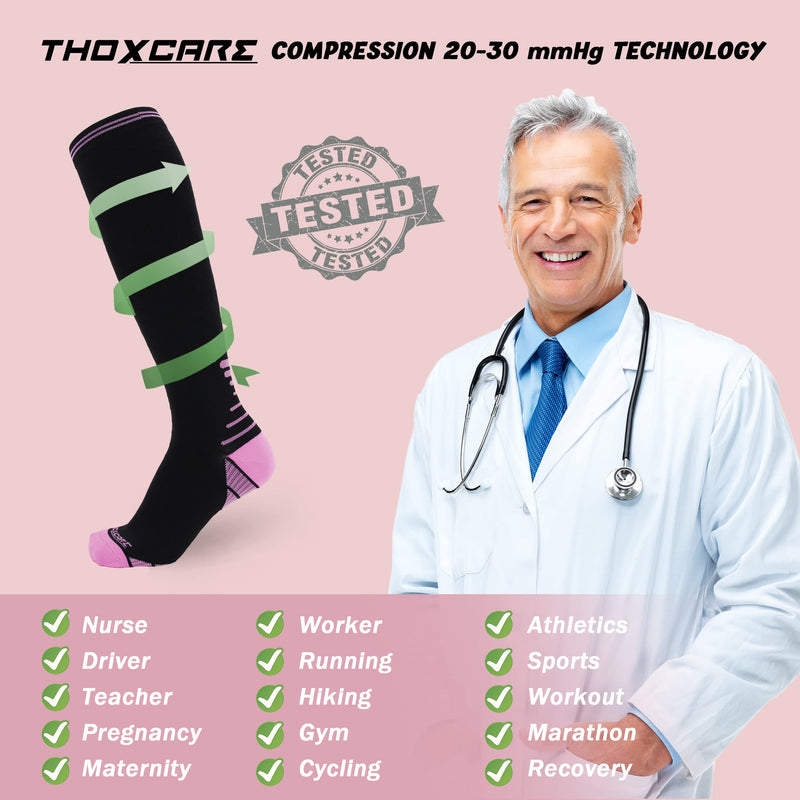[Australia] - Thoxcare Compression Socks for Women Men, Graduated 20-30 mmHg Knee High Circulation Stocking -Best Support for Sport Medical 1pair-black/Pink XX-Large 
