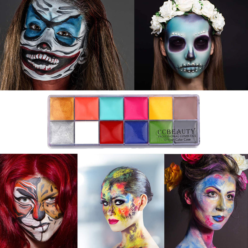 [Australia] - CCBeauty Professional Face Body Paint Oil 12 Colors Halloween Art Party Fancy Make Up Set with 10 Blue Brushes,Deep 01-12 Colours With Blue Brushes 