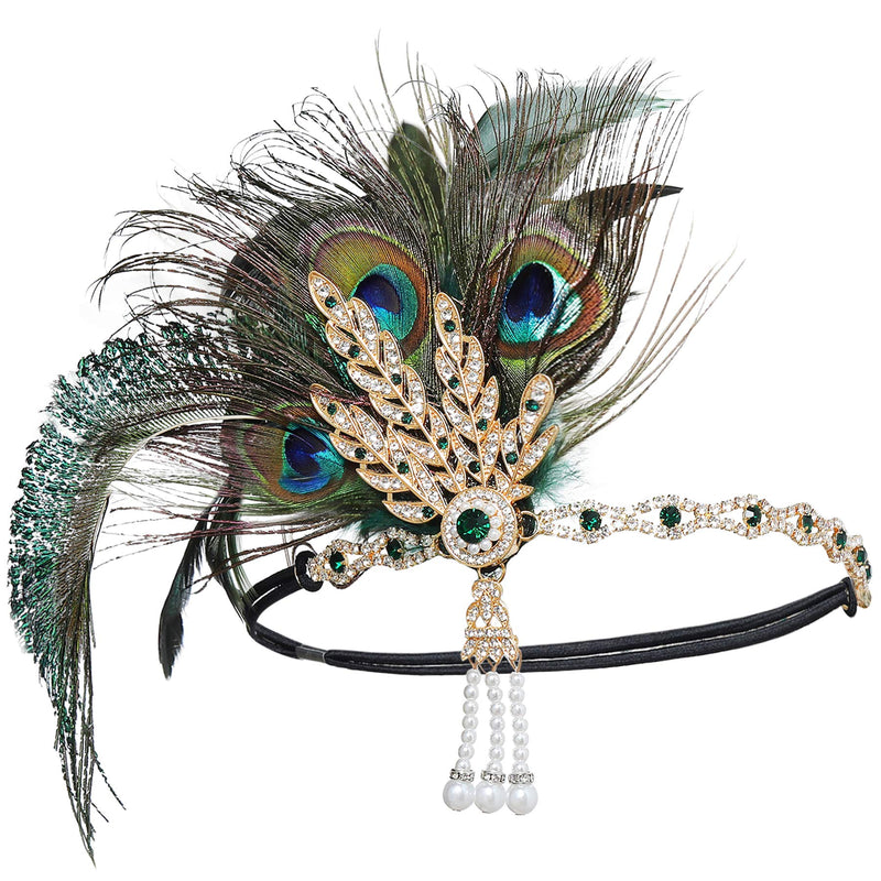 [Australia] - BABEYOND 1920s Flapper Headband Feather Headpiece Roaring 20s Gatsby Hair Accessories for Women (Peacock Green) Peacock Green 
