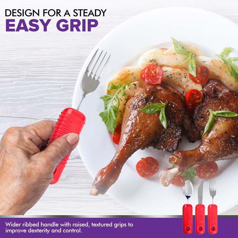 [Australia] - 3 Piece Super Easy Grip Red Flatware Set - Bendable Built Up Large Fork, Knife, and Spoon 