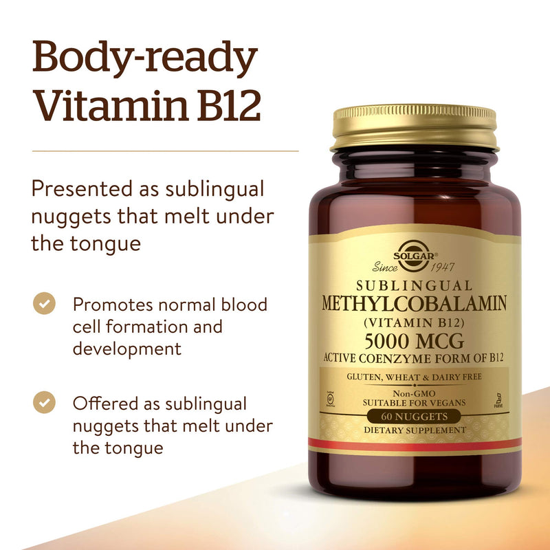 [Australia] - Solgar Methylcobalamin (Vitamin B12) 5000 mcg, 60 Nuggets - Supports Energy Metabolism - Body-Ready, Active Form of B12 - Vitamin B - Non GMO, Vegan, Gluten, Dairy Free, Kosher - 60 Servings 