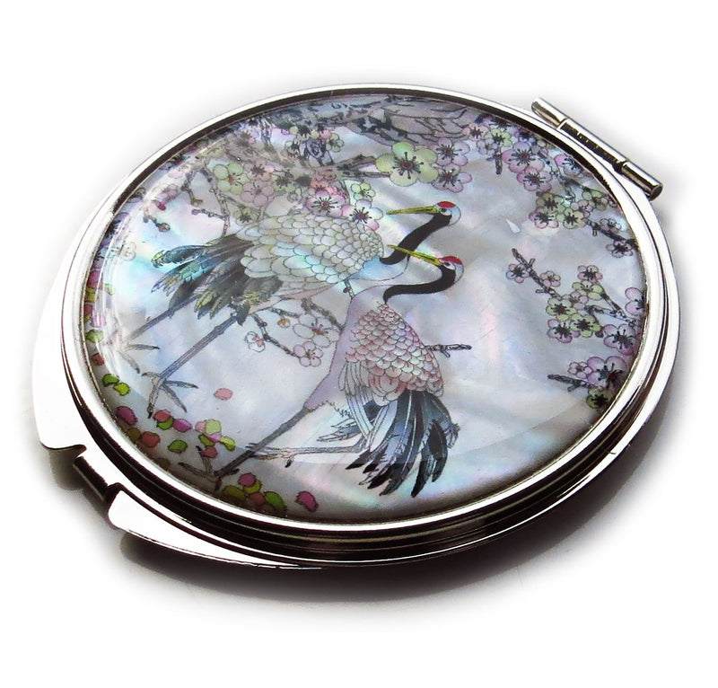 [Australia] - MADDesign Mother of Pearl Compact Mirror Round Double Sided Folding Magnify Crane Apricot Tree Design 