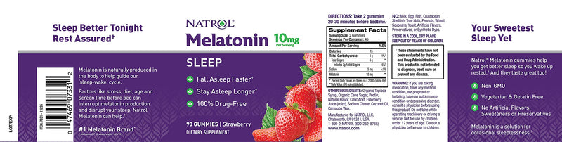[Australia] - Natrol Melatonin Sleep Aid Gummy, Fall Asleep Faster, Stay Asleep Longer, 2 Gummies per Serving, 100% Drug and Gelatin Free, Non-GMO, 10mg, 90 Count 