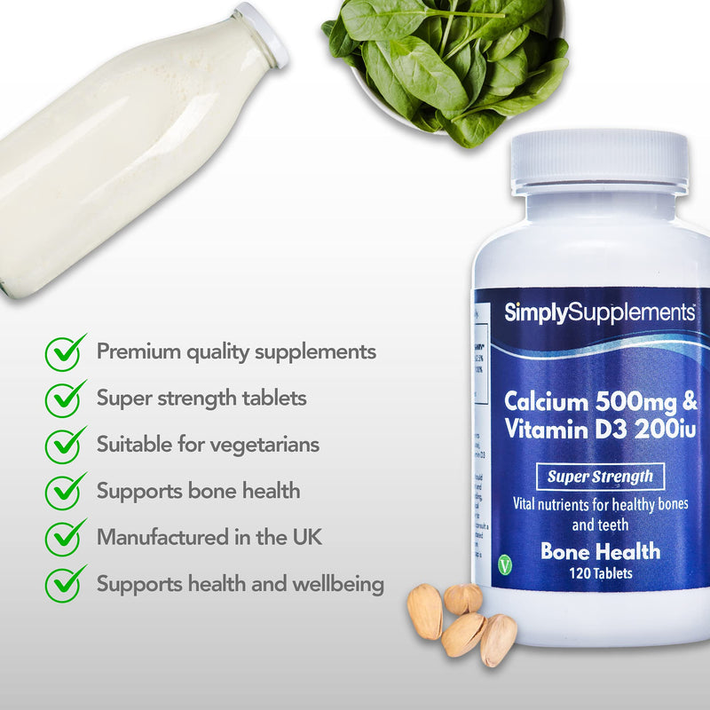 [Australia] - Calcium Tablets with Vitamin D | High Strength Supplements for Bones & Teeth | Vegetarian Friendly | 500mg of Calcium and 200iu of Vitamin D3 | 120 Tablets = 3 Month Supply | Manufactured in The UK 