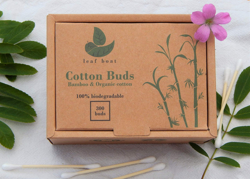 [Australia] - LEAF BOAT Bamboo Cotton Buds | Cotton Buds for Ears, makeup cleaning, etc. | GOTS Certified Biodegradable, Eco-Friendly and Plastic Free | Vegan | Recycled Packaging | (Pack of 1 Box, 300 Buds) 