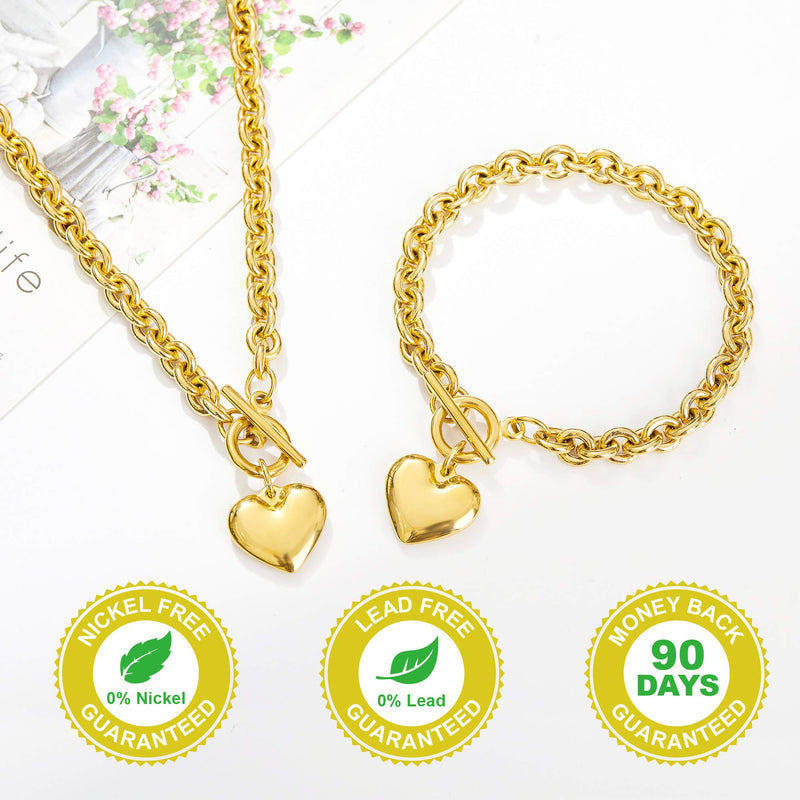 [Australia] - W/W Lifetime Heart Chain Necklace + Heart Bracelet for Women Girls Love Charm Toggle Chain Jewelry Set Stainless Steel 18K Gold/Silver Valentines Gifts 18" necklace+8" bracelet 