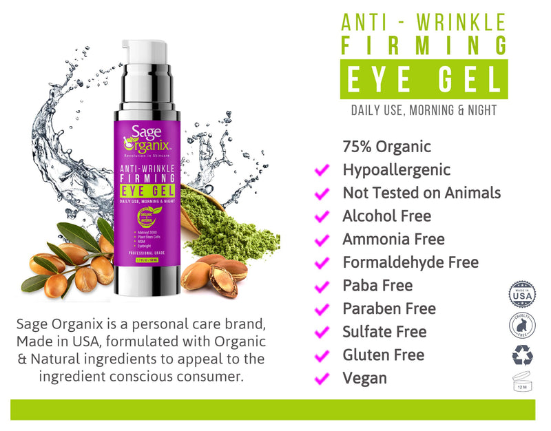 [Australia] - Sage Organix Lifting Firming Eye Gel Serum, 75% Organic Under Eye Serum for Dark Circles, Wrinkles, Puffy Eyes, Under Eye Bags, Depuffing Eye Serum + Plant Stem Cells, Matrixyl 3000, 1.7 oz 1.7 Fl Oz (Pack of 1) 